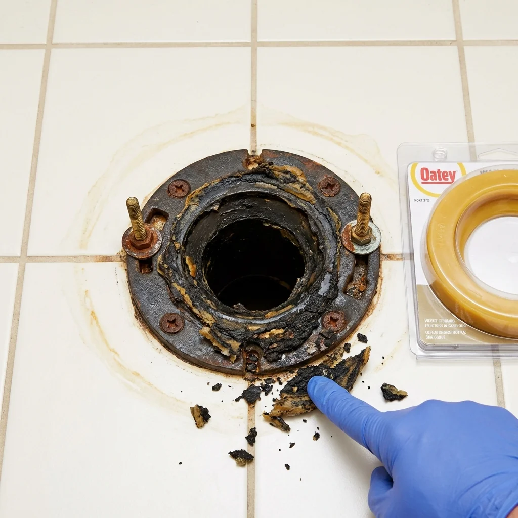 Failed wax ring showing water seepage at the base of a toilet in a Winfield, IL home