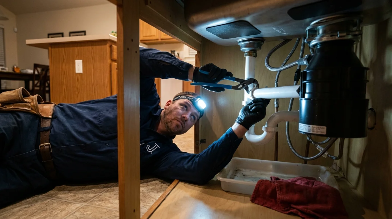 P-trap and supply line connections under a kitchen sink showing a common leak point in Winfield, IL